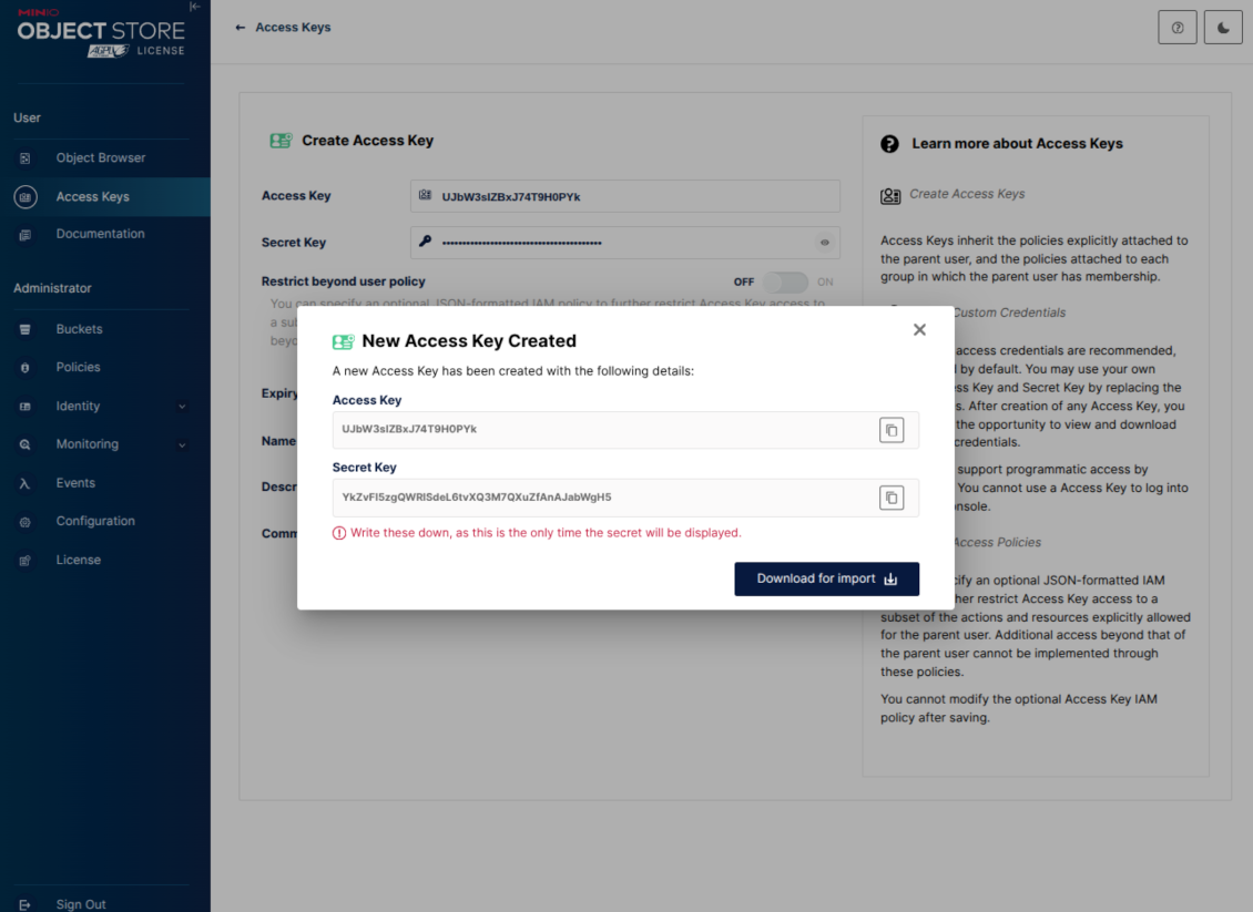 Copy or download the newly created MinIO access key and secret key for Odoo